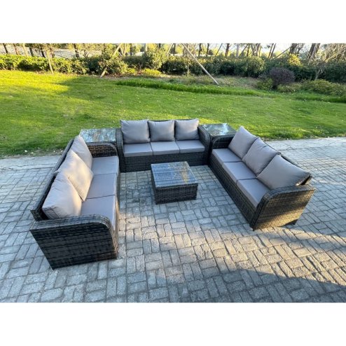 Fimous Rattan Outdoor Furniture Set Patio Garden Sofa Set with 2 Side Table Square Coffee Table Dark Grey Mixed