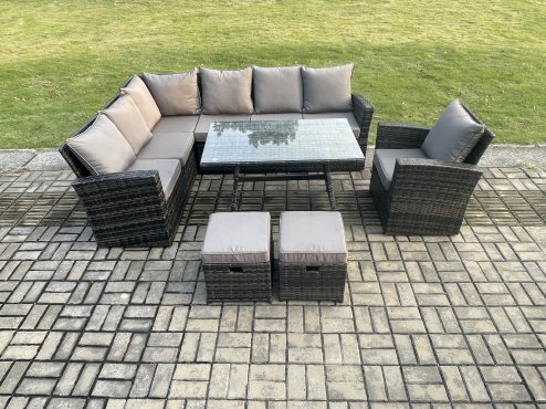 Fimous 9 Seater Outdoor Furniture Garden Dining Set Rattan Corner Sofa Set with 2 Small Footstools Dark Grey Mixed