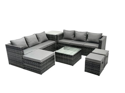 Fimous Outdoor Rattan Garden Furniture Set 9 Seater Patio Lounge Sofa Set with Square Coffee Table Side Table 3 Footstools Dark Grey Mixed