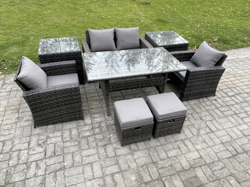 Fimous 6 Seater PE Wicker Outdoor Garden Furniture Set Patio Furniture Rattan Rectangular Dining Table Lounge Sofa with 2 Small Footstools 2 Side Tables