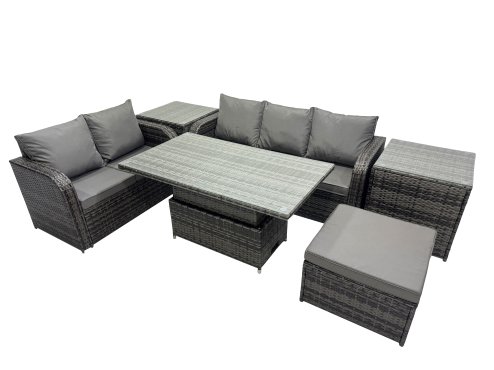 Fimous Rattan Garden Furniture Dining Set 6-seater Patio Height Adjustable Rising Lifting Table Sofa Set with 2 Side Tables Dark Grey Mixed