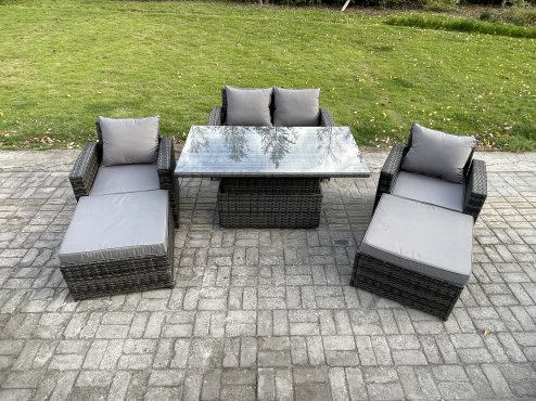 Fimous Wicker Rattan Garden Furniture Rising Table Set with 2 Big Footstool Double Seat Sofa Armchairs Dark Grey Mixed