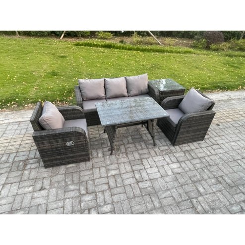 Fimous Rattan Wicker Garden Furniture Patio Conservatory Sofa Set with Rectangular Dining Table Reclining Chair 3 Seater Sofa Side Table