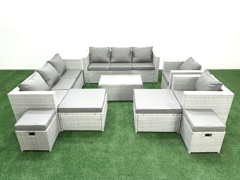 Fimous 9 Pieces Rattan Garden Furniture Set Outdoor Garden Sofa Chair Coffee Table Set with 4 Footstools Light Grey Mixed