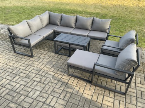 Fimous Aluminum 11 Seater Outdoor Lounge Corner Sofa Set Garden Furniture Sets with Oblong Coffee Table 2 Chairs 3 Footstools Dark Grey