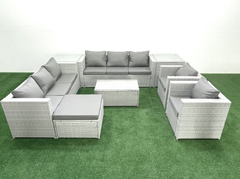 Fimous Outdoor Rattan Sofa Garden Furniture Set with 2 Armchairs Oblong Coffee Table Big Footstool 2 Side Tables Light Grey Mixed