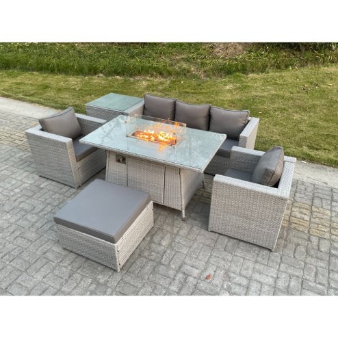 Fimous Rattan Garden Furniture Set Gas Fire Pit Lounge Sofa Chair Dining Set With Side Table And 2 PC Arm Chair Footstool