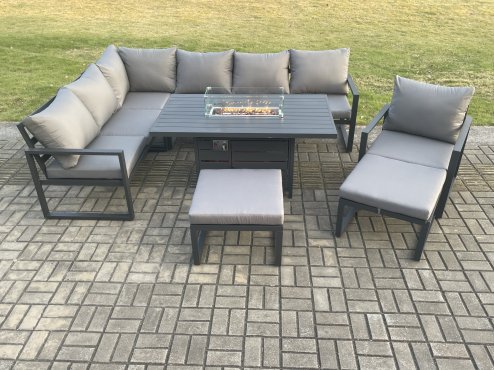 Fimous Aluminium Patio Outdoor Garden Furniture Corner Sofa Set Gas Fire Pit Dining Table with Chair 2 Big Footstools Dark Grey