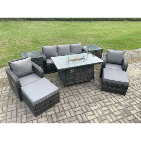 Fimous Wicker Rattan Garden Furniture Sofa Set Gas Fire Pit Dining Table Indoor Outdoor with 2 Side Table Chair 2 Big Footstool