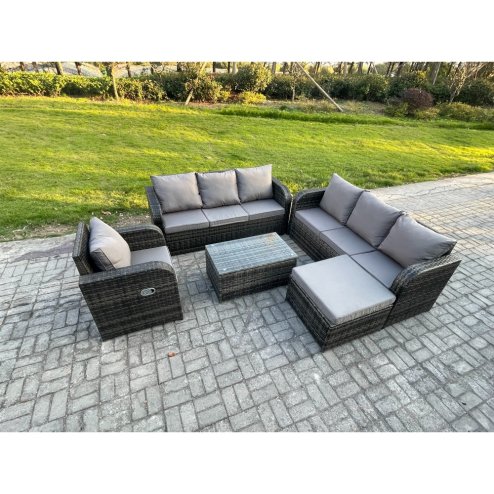 Fimous 8 Seater Rattan Outdoor Garden Furniture Sofa Set Patio Table & Chairs Set with 3 Seater Sofa Reclining Chair 3 Seater Sofa Big Footstool Dark Grey Mixed