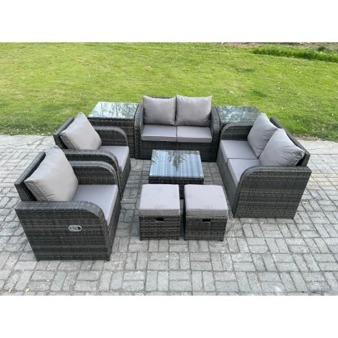 Fimous Garden Furniture Set Rattan Outdoor Lounge Sofa Chair With Tempered Glass Table 2 Small Footstools 2 Side Tables Dark Grey Mixed