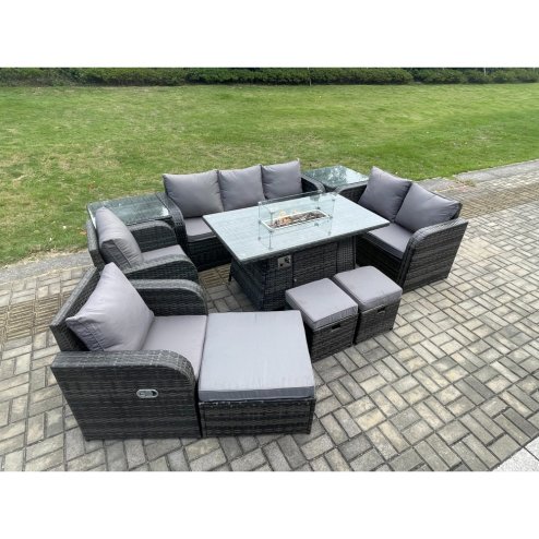 Fimous PE Wicker Outdoor Rattan Garden Furniture Set Propane Gas Fire Pit Table and Sofa Chair set with 3 Footstools 2 Side Tables