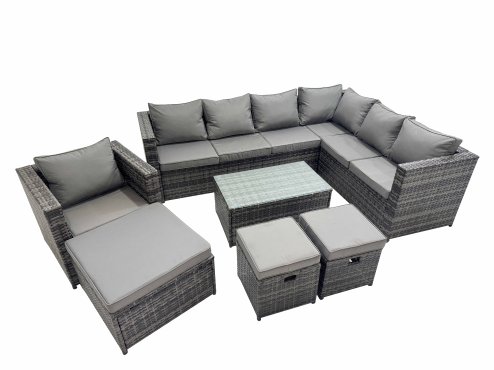 Fimous Patio Sofa Oblong Coffee Table Set Rattan Garden Furniture Set with 3 Stools Chair Dark Grey Mixed