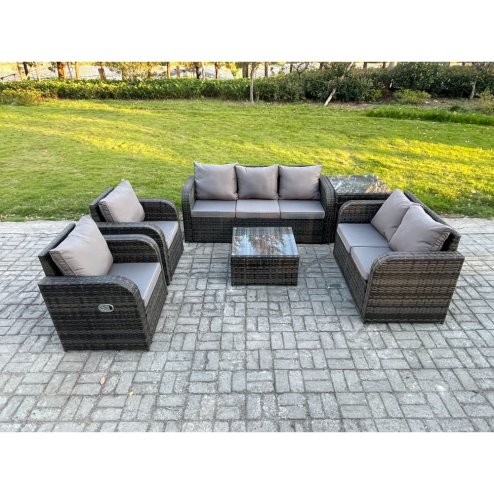 Fimous 7 Seater Garden Furniture Set Rattan Outdoor Lounge Sofa Chair With Tempered Glass Table Side Table Dark Grey Mixed