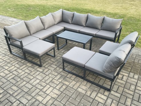 Fimous Aluminium 11 Seater Patio Outdoor Garden Furniture Lounge Corner Sofa Set with Oblong Coffee Table with 2 Big Footstools Dark Grey