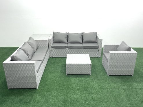 Fimous Wicker PE Rattan Sofa Garden Furniture Set with Armchair Square Coffee Table Side Table Light Grey Mixed