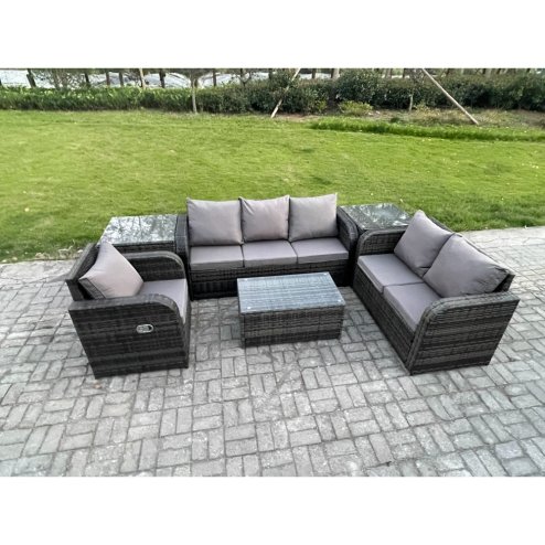 Fimous Patio Garden Furniture Sets Wicker 6 Seater Outdoor Rattan Furniture Sofa Sets with Rectangular Coffee Table Reclining Chair 3 Seater Sofa 2 Side Tables