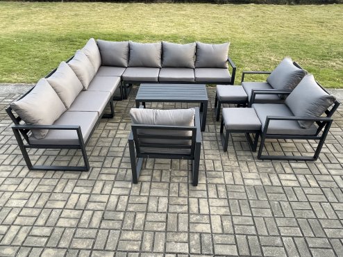 Fimous Aluminium Outdoor Garden Furniture Set Lounge Corner Sofa 3 Pcs Chair Oblong Coffee Table Sets with 2 Small Footstools Dark Grey