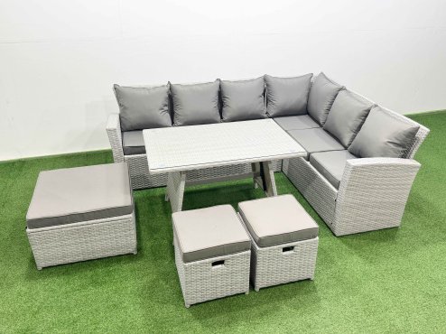 Fimous 9 Seater Garden Outdoor Rattan Furniture Set Rattan Corner Sofa Oblong Dining Table Set with 3 Footstools Light Grey Mixed