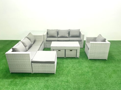 Fimous Wicker PE Rattan Sofa Garden Furniture Set with Oblong Coffee Table Armchair 3 Footstools Side Table Light Grey Mixed