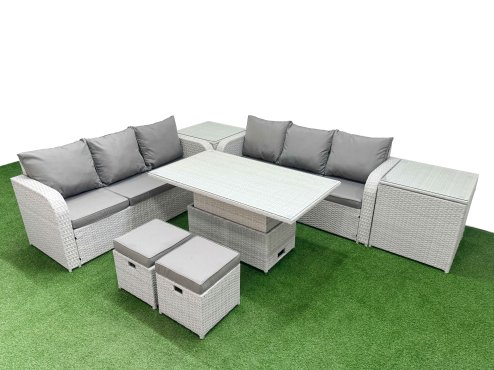 Fimous Outdoor Garden Furniture Sets 8 Seater Wicker Rattan Furniture Sofa Sets with Adjustable Lifting Dining or Coffee Table high Back Lounge Sofa Stools 2 Side Table Light Grey
