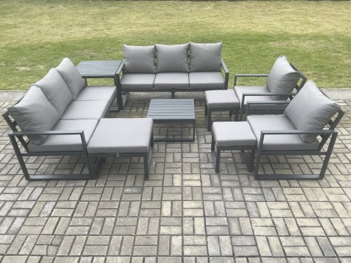 Fimous Aluminium Outdoor Garden Furniture Set Patio Lounge Sofa with Square Coffee Table Side Table 2 Armchairs 3 Footstools Dark Grey