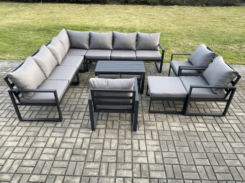 Fimous Aluminium 13 Seater Outdoor Garden Furniture Set Lounge Corner Sofa Oblong Coffee Table 3 Pcs Chair Sets with 3 Footstools Dark Grey