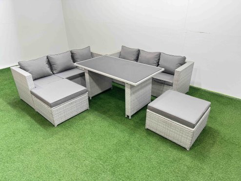 Fimous Rattan Garden Furniture Dining Set 8-seater Patio Rectangular Table Sofa Set with 2 Big Stools Light Grey