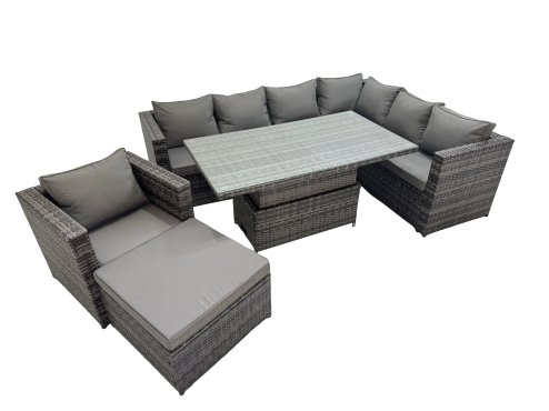 Fimous 8 Seater Rattan Height Adjustable Rising Lifting Table Corner Sofa Sets with Chair Big Stools Dark Grey Mixed