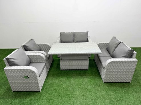 Fimous 6 Seater Outdoor Reclining Chair Love Sofa Set Rattan Garden Furniture Set with Adjustable Lifting Dining or Coffee Table Light Grey