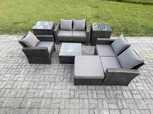 Fimous Outdoor Rattan Garden Furniture Set Conservatory Patio Sofa Coffee Table Set with Chair 2 Side Tables Big Footstool Dark Grey Mixed
