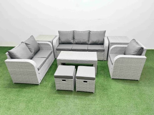 Fimous Patio PE Wicker 8 Seater Outdoor Rattan Furniture Sofa Sets with Oblong Coffee Table Reclining Chair Loveseat Sofa 3 Seater Sofa Stool 2 Side Table Light Grey Image