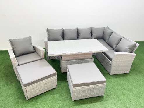 Fimous 9 Seat Rattan Garden Furniture Corner Sofa Set Outdoor Adjustable Lifting Dining or Coffee Table Set with 2 Big Footstools Light Grey