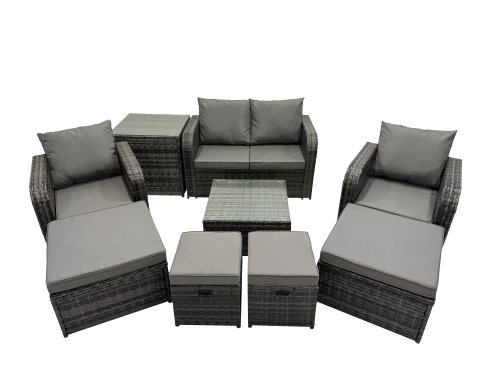 Fimous Rattan Garden Outdoor Furniture Set Love Sofa Reclining Chair Square Coffee Table Set with 4 Stools Side Table Dark Grey Mixed
