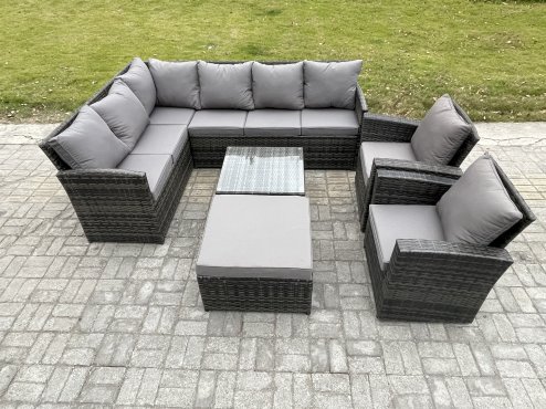 Fimous Rattan Garden Furniture Sets High Back Corner Sofa Square Coffee Table Set with Big Footstool 2 Armchairs Dark Grey Mixed
