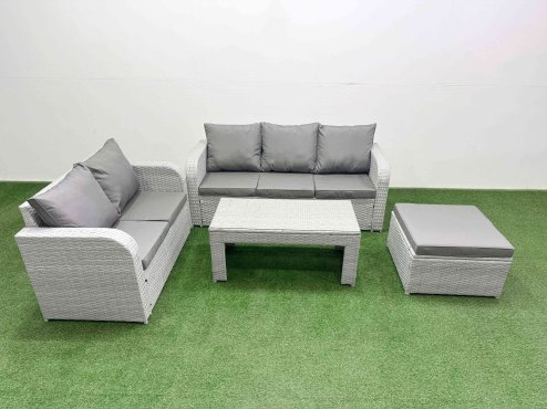 Fimous 6 Seater PE Rattan Wicker Garden Furniture Patio Conservatory Sofa Set with Oblong Coffee Table 3 Seater Sofa Love Sofa Big Footstool