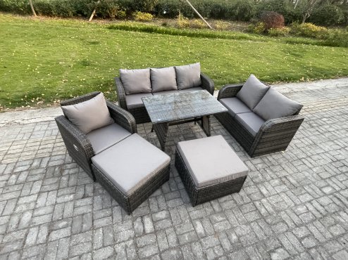 Fimous Rattan Garden Furniture Dining Set 8 seater Patio Rectangular Table 2 Big Footstool Love Sofa Reclining Chair Dark Grey Mixed