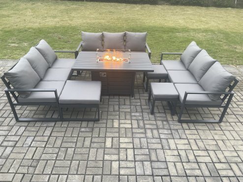 Fimous Aluminium Garden Furniture Outdoor Set Patio Lounge Sofa Gas Fire Pit Dining Table Set with 3 Footstools Dark Grey