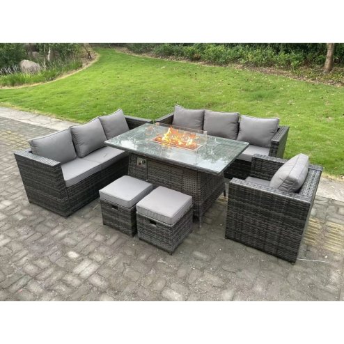 Fimous Rattan Garden Furniture Sofa Set Outdoor Patio Gas Fire Pit Dining Table Gas Heater Burner With Armchair 2 Small Stools 9 Seater Dark Grey Mixed