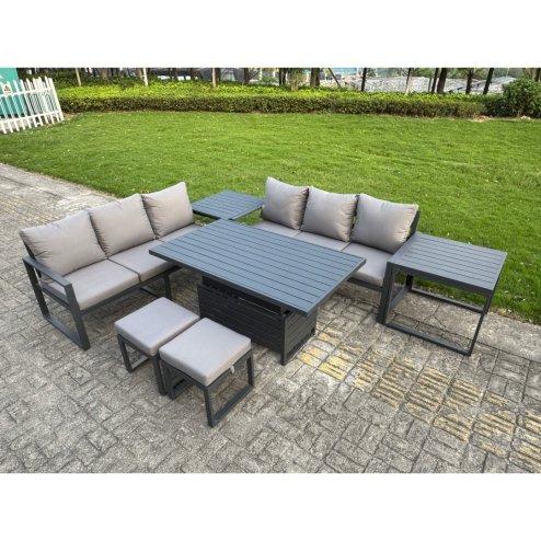 Fimous 6 Pieces Garden Furniture Set Aluminium Adjustable Rising Lifting Dining Table and Sofa Set with Side Table 2 Small Footstools Dark Grey