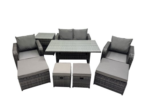 Fimous 8 Seat Outdoor Wicker PE Rattan Garden Furniture Set Dining Table Sofa Sets with 4 Stools Side Table Dark Grey Mixed