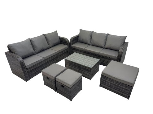 Fimous Outdoor 3 Seater Sofa Coffee Table Set Garden Rattan Furniture Set 9 Seater with 3 Stool Dark Grey