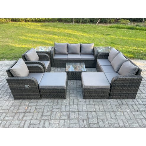 Fimous High Back Rattan Garden Furniture Set with Square Coffee Table 2 Big Footstool 2 Side Tables Indoor Outdoor Patio Lounge Sofa Set Dark Grey Mixed