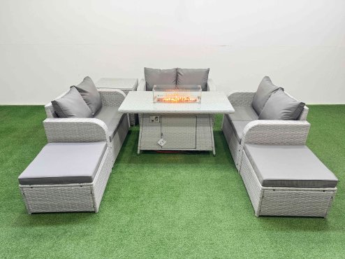 Fimous 8 Seater PE Wicker Rattan Furniture Sofa Sets with Firepit Dining Table 2 Seater Love Sofa 2 Big Footstool Side Table Light Grey