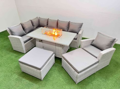 Fimous Rattan Corner Sofa Chair Set Outdoor Furniture Garden Dining Sets Gas Fire Pit Table with Temper Glass 2 Big Footstools Light Grey Mixed