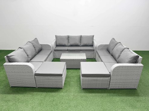 Fimous PE Rattan Lounge Sofa Set 11 Seater Outdoor Garden Furniture Set with Rectangular Coffee Table 3 Seater Sofa 2 Big Footstools Light Grey