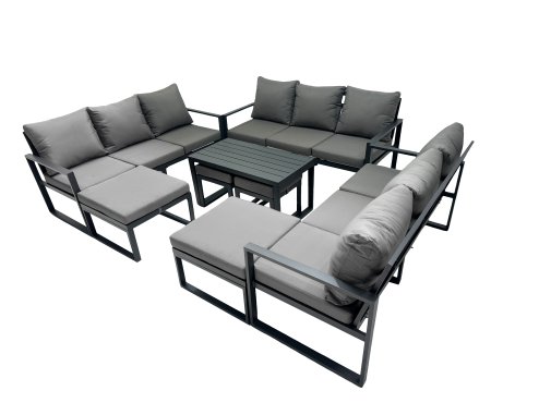 Fimous Outdoor Garden Furniture Set Aluminium Lounge 3 Seat Sofa Oblong Coffee Table Sets with 4 Stools Dark Grey