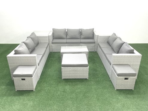 Fimous Rattan Garden Outdoor Furniture Set 12 Seater Garden Sofa Coffee Table Set with 3 Footstools Side Table Light Grey Mixed