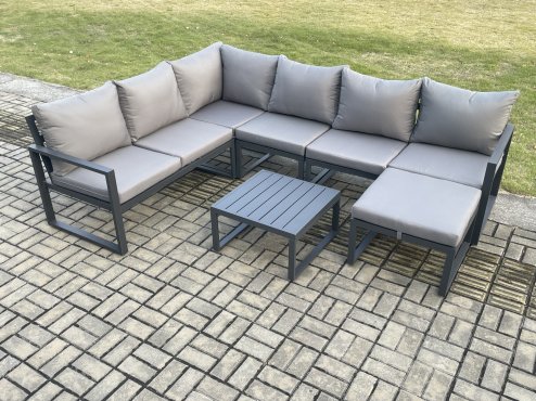 Fimous 7 Seater Aluminium Garden Furniture Set Outdoor Lounge Corner Sofa Square Coffee Table Sets with Big Footstool Dark Grey