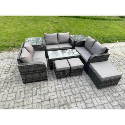 Fimous Outdoor Garden Furniture Sets 9 Pieces Wicker Rattan Furniture Sofa Sets with Rectangular Coffee Table Love seat Sofa 3 Footstools 2 Side Tables